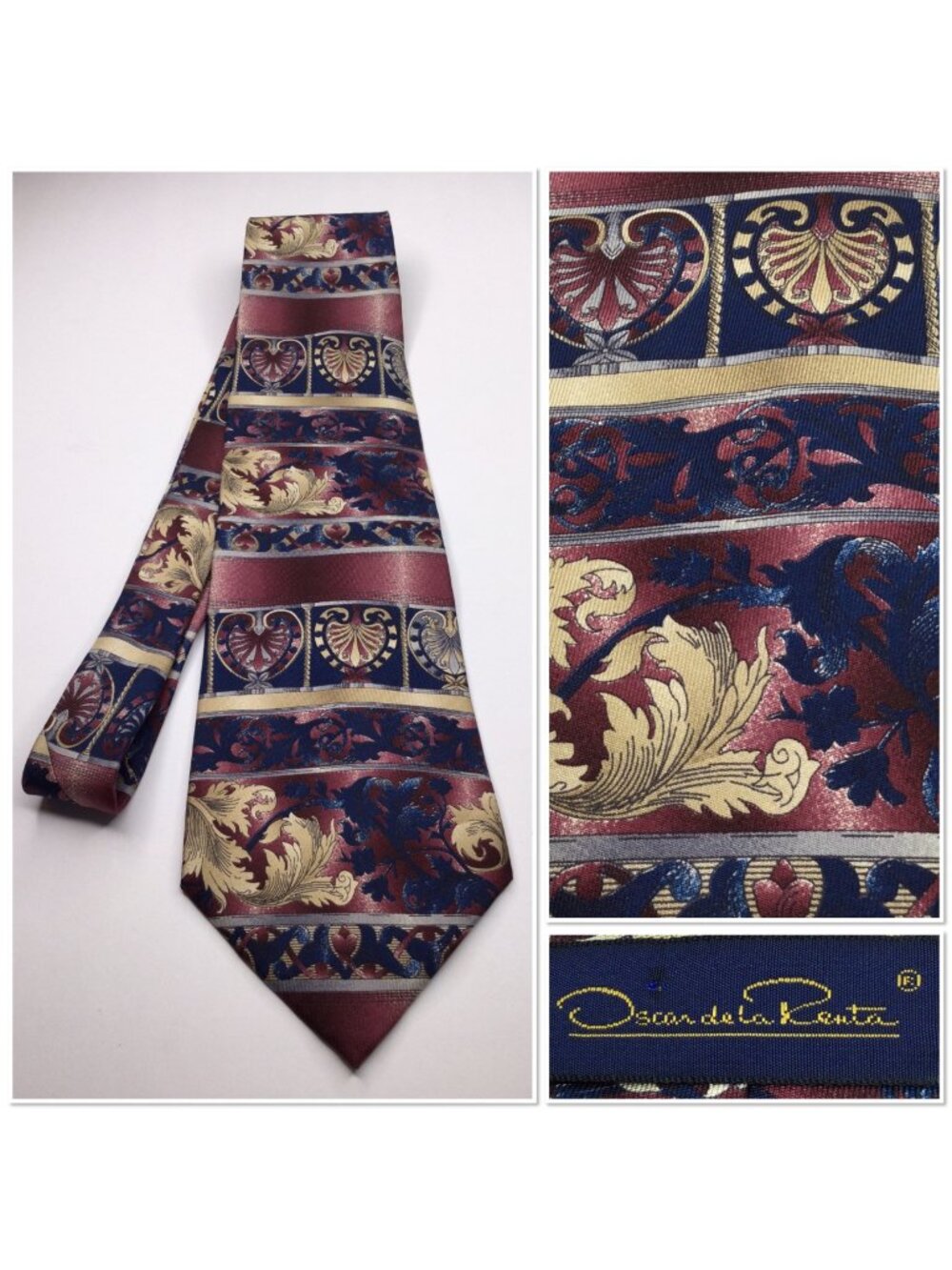 Oscar De La Renta Mens Silk Tie Multicolor Floral & Scroll Pattern Made In USA